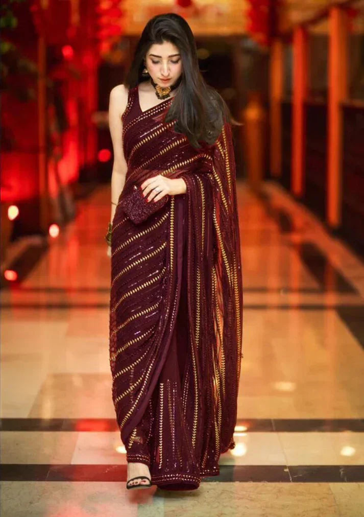 Mehroon Mariyam Nafeez Saree (Unstitched)