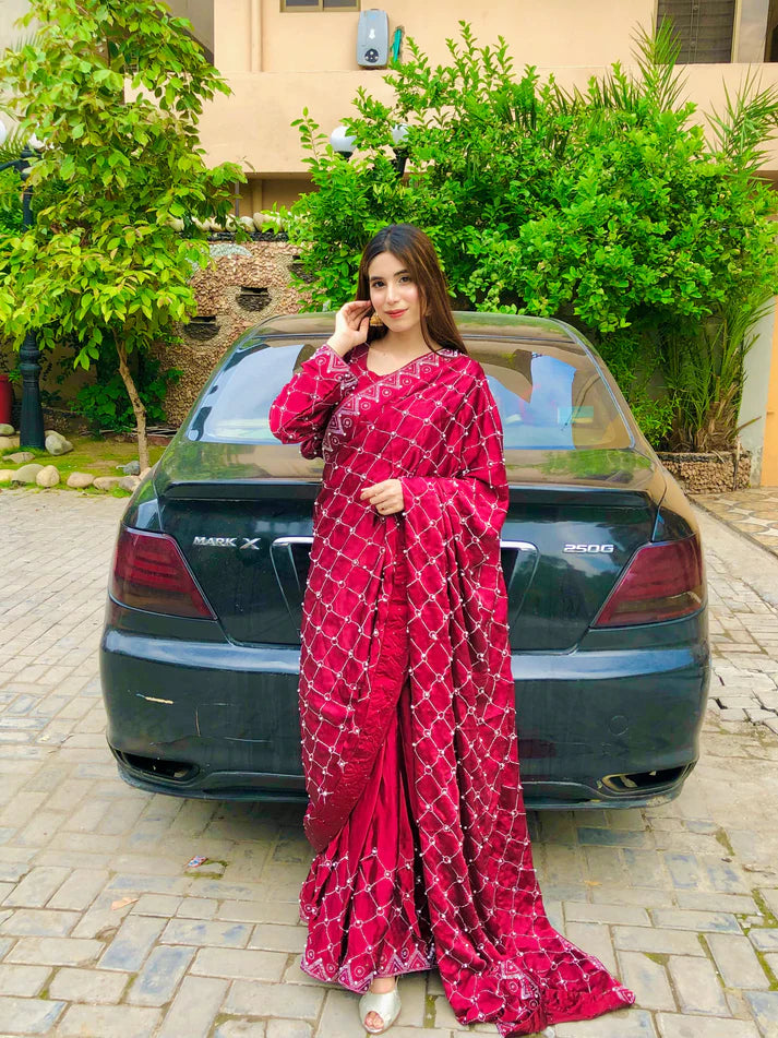 Shamoz Silk Saree with Pearl & Stone Work (stitched)