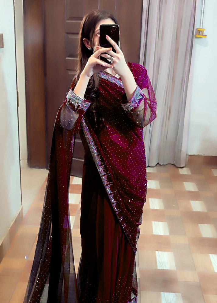 Starry Net Rhinestone Saree (Stitched)