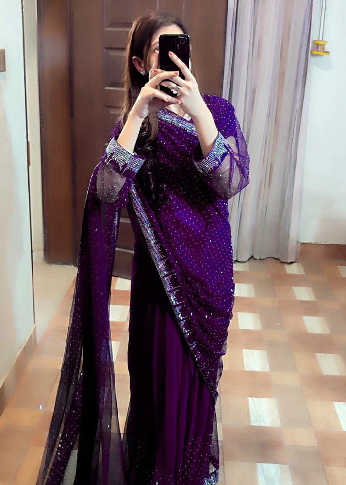 Starry Net Rhinestone Saree (Stitched)