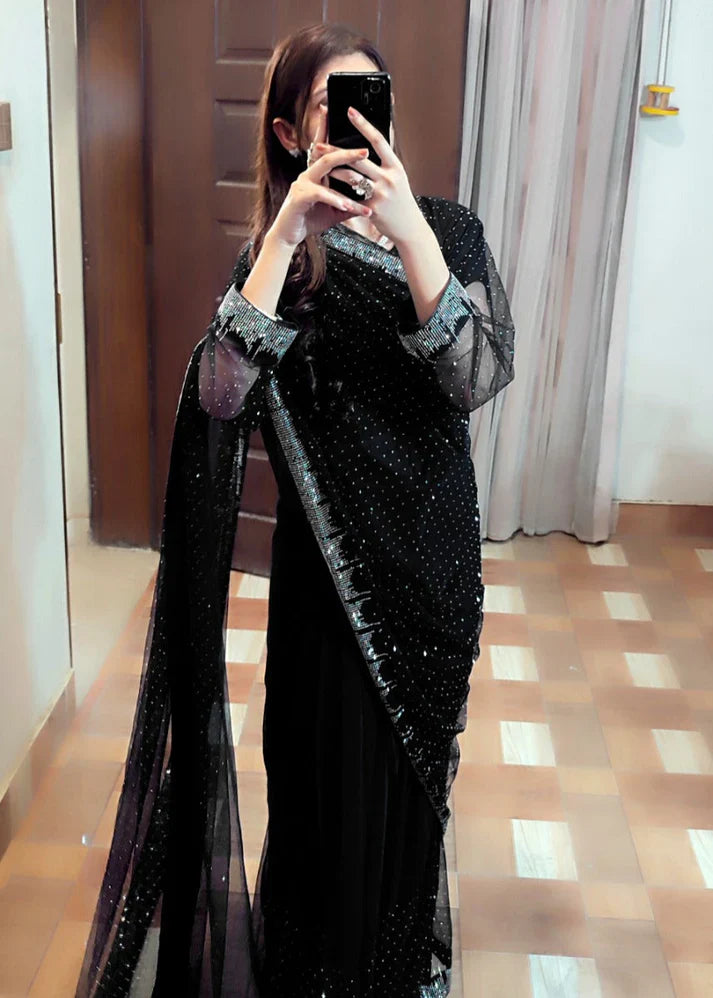Starry Net Rhinestone Saree (Stitched)