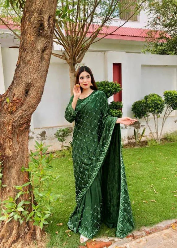 Shamoz Silk Saree with Pearl & Stone Work (Unstitched)