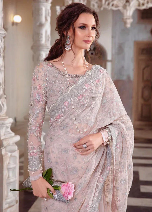 Maria B Peach Embroidered Net Saree - Master Blaster Edition