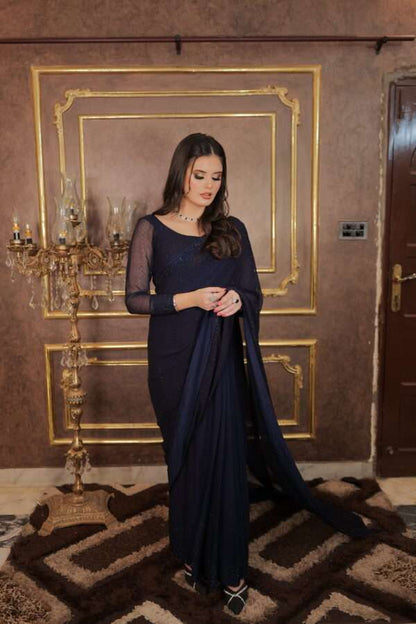 Beautiful Black Stone Saree (Stitched)