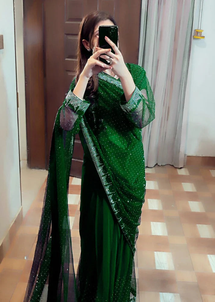Starry Net Rhinestone Saree (Stitched)