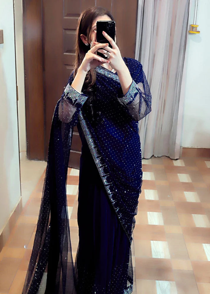 Starry Net Rhinestone Saree (Stitched)